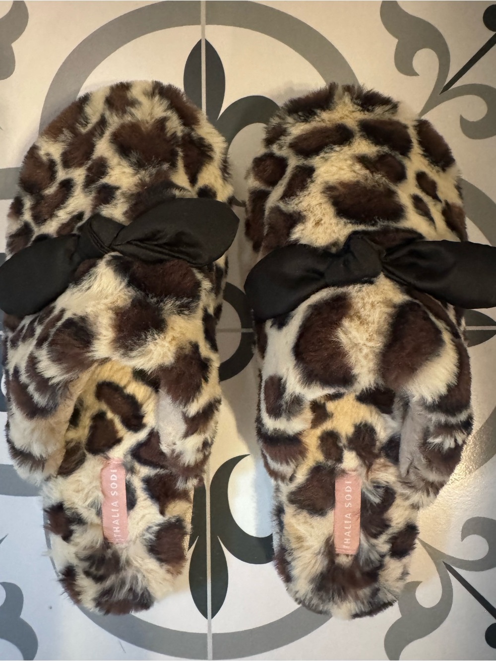 Thalia Sodi Leopard-Print Slippers with Black Bow